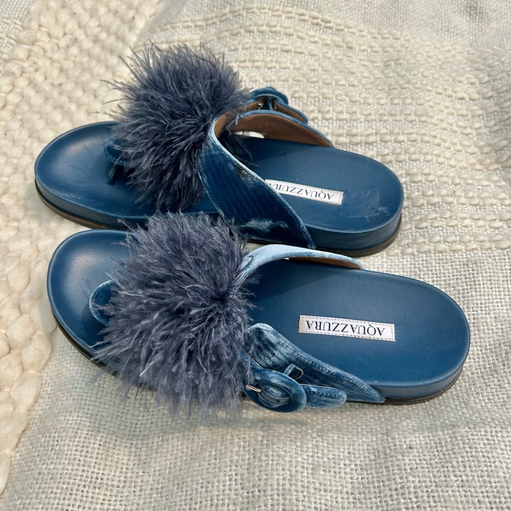 AQUAZZURA Boudoir Footbed Feather-trimmed Velvet Sandals In Blue | Size 39/9